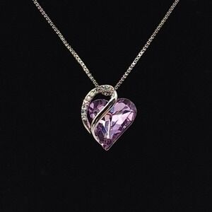 Infinity Heart Pendant Necklace Siler Tone Purple Birthstone Alexandrite Crystal